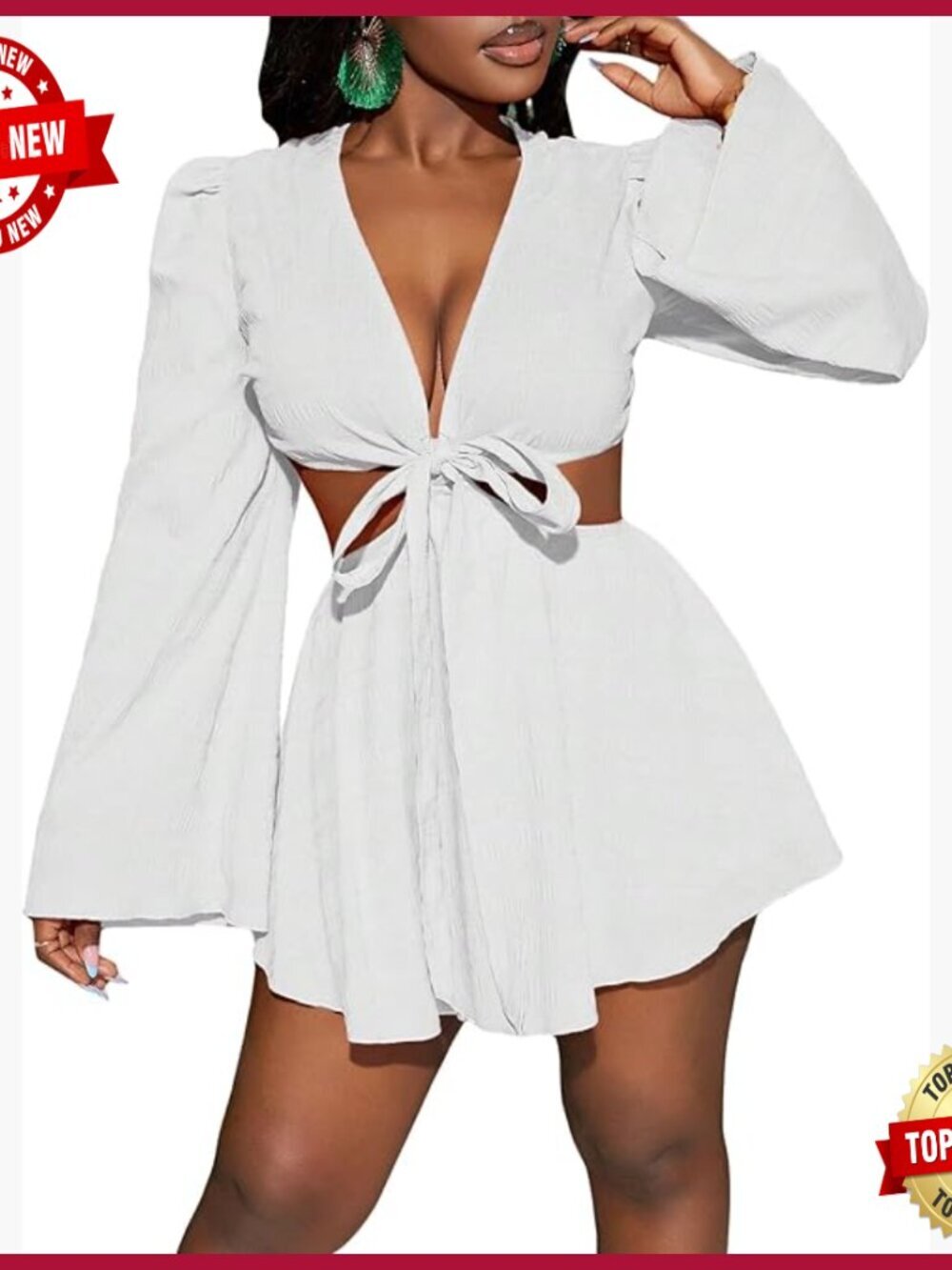 Tropical Two-Piece Dress Long Bell Sleeve V-Neck Cut Out Summer Beach